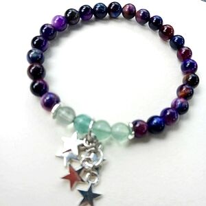 Galaxy tigers eye fluorite crystal 6mm beaded gemstone star charm stretch bracel